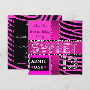 Invitación Dulces 13 Cumpleaños 13º Cebra Vaca Rosa Negro