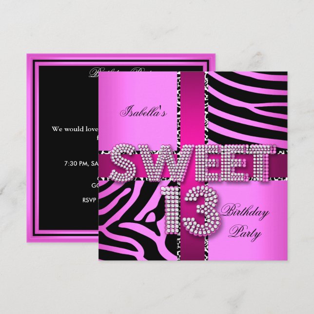 Invitación Dulces 13 Cumpleaños 13º Cebra Vaca Rosa Negro (Anverso / Reverso)