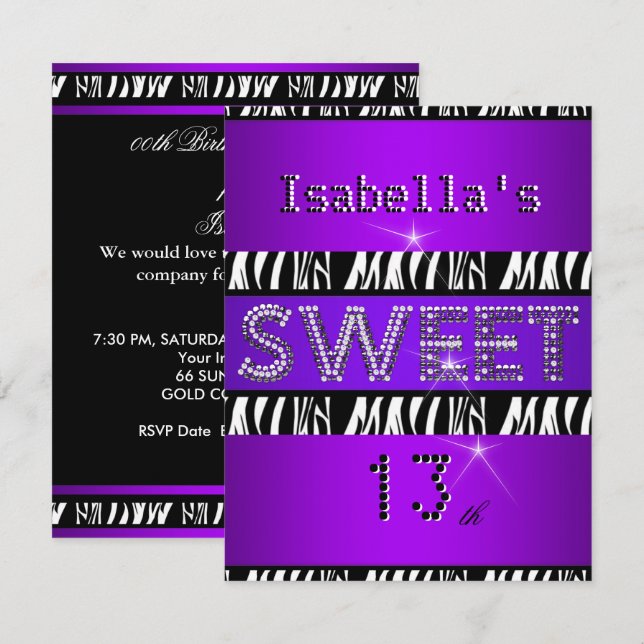 Invitación Dulces 13 cumpleaños 13 cebra púrpura negro (Anverso / Reverso)