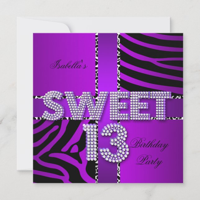 Invitación Dulces 13 Cumpleaños 13 Cebra Vaca Morado Negro (Anverso)