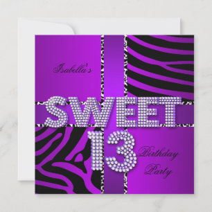 Invitación Dulces 13 Cumpleaños 13 Cebra Vaca Morado Negro