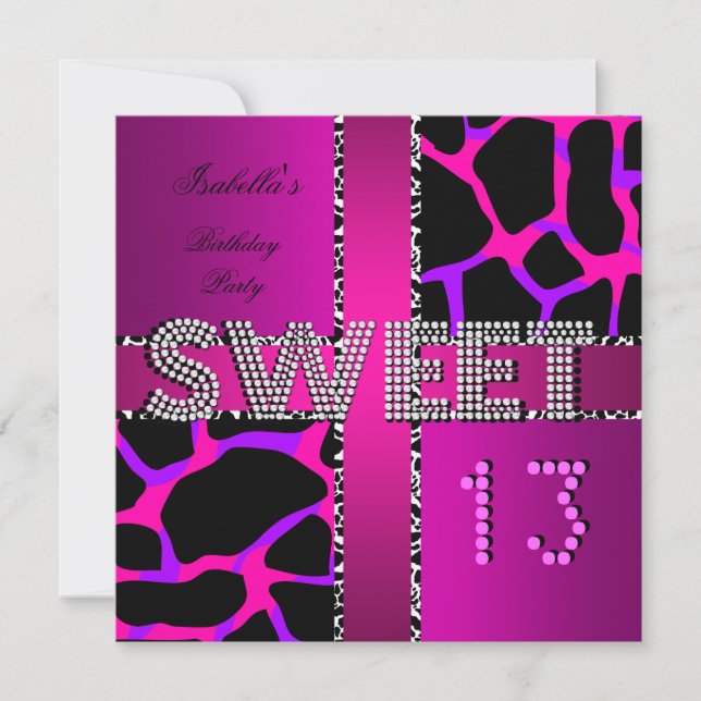 Invitación Dulces 13 Cumpleaños 13 Cebra Vaca Rosa Púrpura (Anverso)