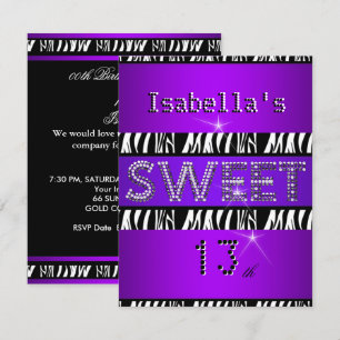Invitación Dulces 13 Cumpleaños 13 Zebra Morado Negro
