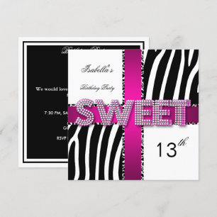 Invitación Dulces 13 Cumpleaños 13 Zebra Vaca Rosa Negro Blan
