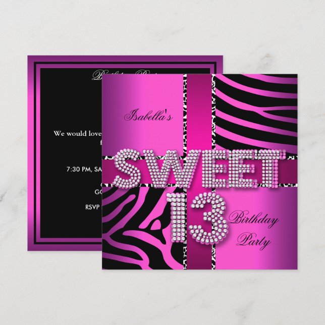 Invitación Dulces 13 cumpleaños cebra vaca rosa negro (Anverso / Reverso)