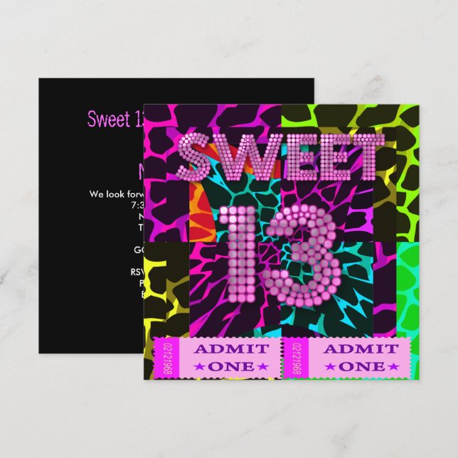 Invitación Dulces 13 Cumpleaños Fiesta Impresión Animal Mixta (Anverso / Reverso)