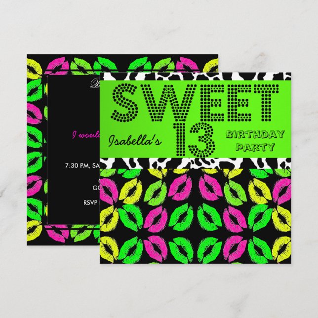 Invitación Dulces 13 Cumpleaños Labios Vaca Lima Rosa Negro (Anverso / Reverso)