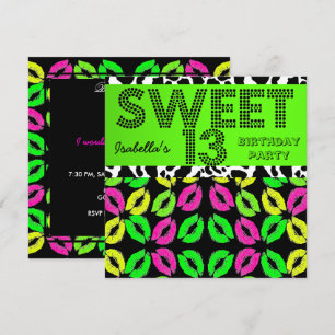 Invitación Dulces 13 Cumpleaños Labios Vaca Lima Rosa Negro