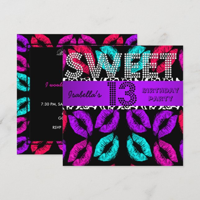 Invitación Dulces 13 Cumpleaños Labios Vaca Morado Negro (Anverso / Reverso)