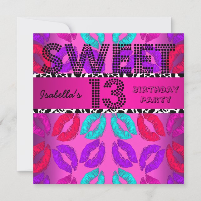 Invitación Dulces 13 Cumpleaños Labios Vaca Rosa Negro (Anverso)