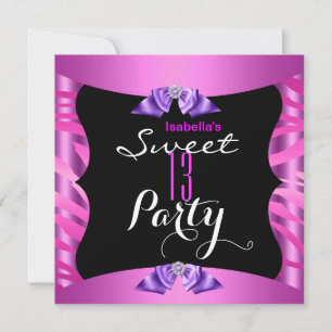 Invitación Dulces 13 Cumpleaños Lindo Rosa Purpura Cebra Negr