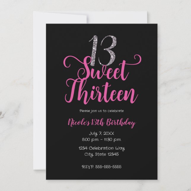 Invitación Dulces 13 Fiesta de cumpleaños número trece rosa y (Anverso)