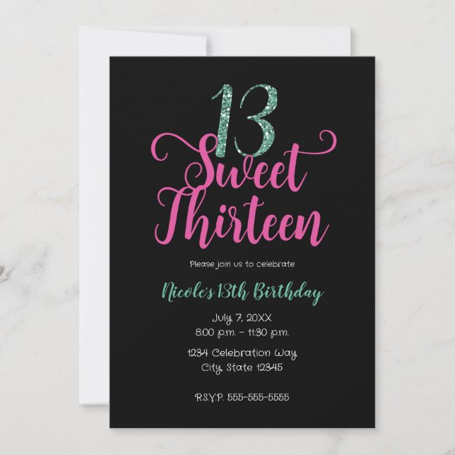 Invitación Dulces 13 Rosa Negro Aqua Fiesta de Cumpleaños Dec (Anverso)