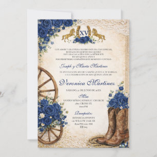 Invitación Dulces 15 Años Floral Azul Marino Occidental Españ