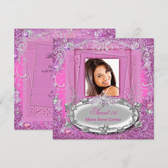 Invitación Dulces 16 16º Cumpleaños Dulce Dieciséis Brillo Ro (Anverso / Reverso)