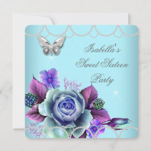 Invitación Dulces 16 16º Floral Turquesa Mariposa Perla