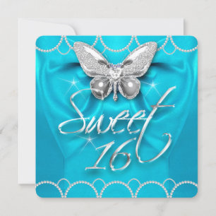 Invitación Dulces 16 16º Mariposa Azul Teal Perla Fiesta
