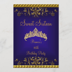 Invitación Dulces 16 16º Tiara de Diamantes Dorados Azul Prof
