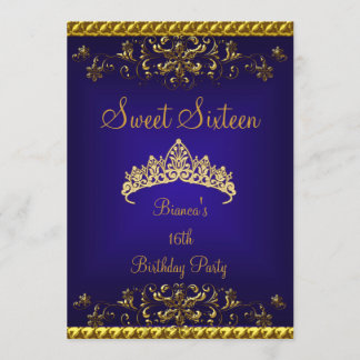 Invitación Dulces 16 16º Tiara de Diamantes Dorados Azul Prof