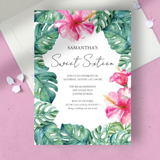 Invitación Dulces 16 Acuarela Flores Rosadas Tropicales (birthday party sweet 16 tropical luau vibrant pink florals green monstera palm leaves)