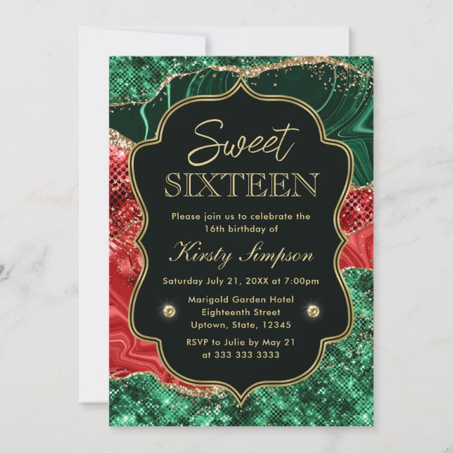 Invitación Dulces 16 Ágata de Navidad de Mármol y Brillo de O (Anverso)