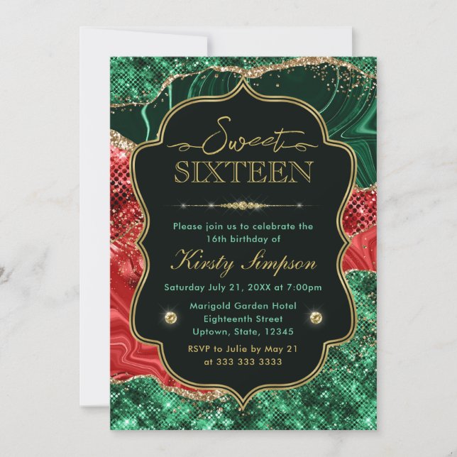 Invitación Dulces 16 Ágata de Navidad de Mármol y Brillo de O (Anverso)