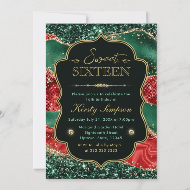 Invitación Dulces 16 Ágata de Navidad de Mármol y Brillo de O (Anverso)