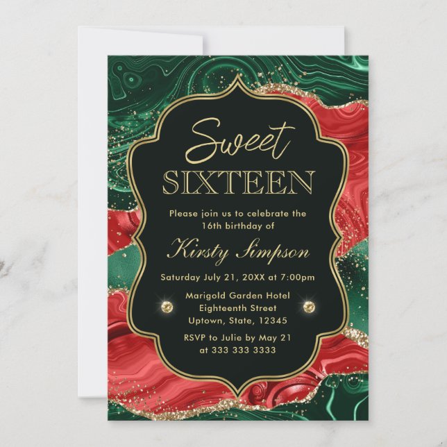 Invitación Dulces 16 Ágata de Navidad y Purpurina Dorada (Anverso)