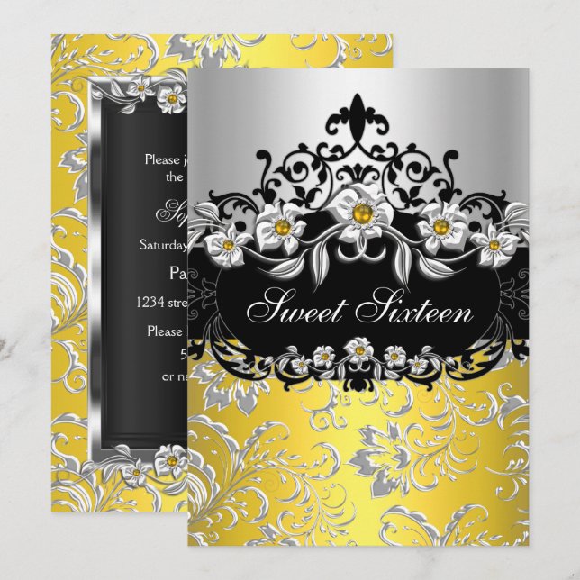 Invitación Dulces 16 Amarillo Plata Negro Joyas Florales Fies (Anverso / Reverso)