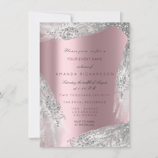 Invitación Dulces 16 años nupciales rosa gris plateado malva (Anverso)