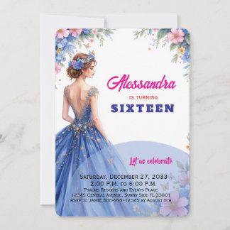 Invitación Dulces 16 años vestido azul floral elegante cumple