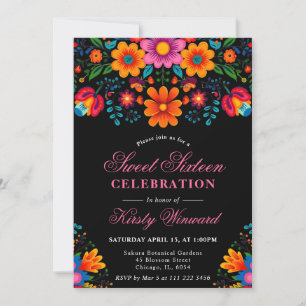 Invitación Dulces 16 Arte Folk Mexicano Floral Brillante