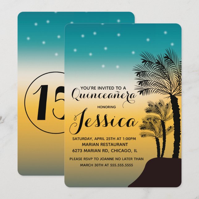 Invitación Dulces 16 | Atardecer Teal Ombre Playa Tropical (Anverso / Reverso)