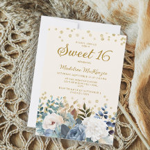 Dulces 16 azul polvoriento blanco floral dorado br