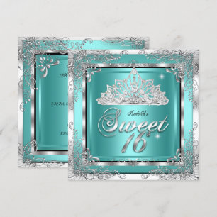 Invitación Dulces 16 Azul Teal Plata Tiara Fiesta