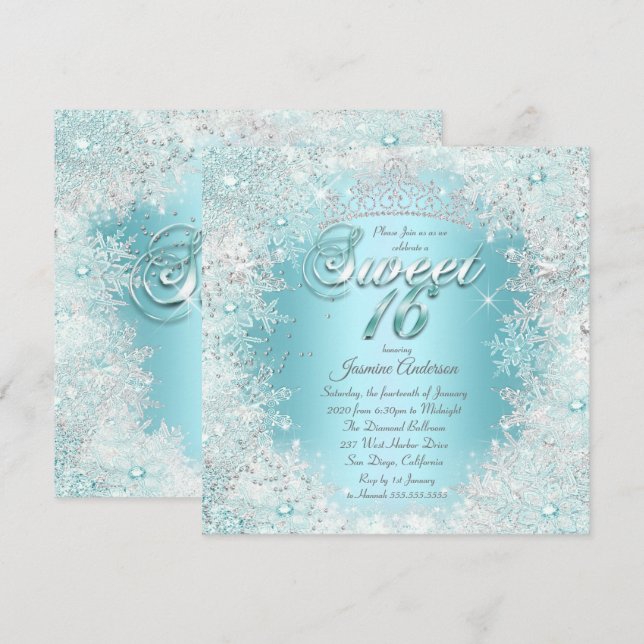 Invitación Dulces 16 Azul teal Plateado Invierno Mágico (Anverso / Reverso)