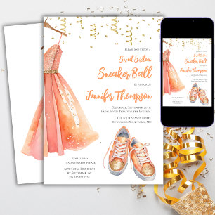 Invitación Dulces 16 Balón de Zapatillas Durazno y Brillo Dor