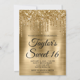 Invitación Dulces 16 Brillantes con Purpurina y Hojuela de Or