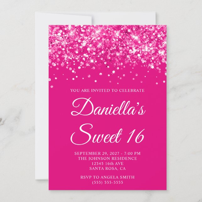Invitación Dulces 16 Brillantes Rosa Fuerte (Anverso)