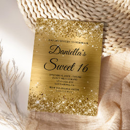 Invitación Dulces 16 Brillantina Dorada y Hojalata
