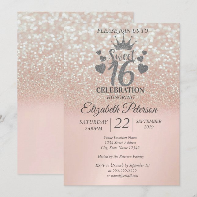 Invitación Dulces 16 Brillo Bokeh Ombre, Tiara con Brillo (Anverso / Reverso)