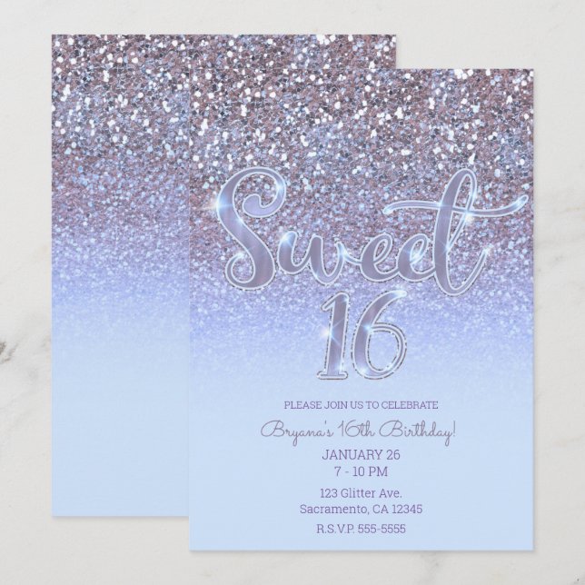 Invitación Dulces 16 Brillo Glam Plata Morado Moderno (Anverso / Reverso)