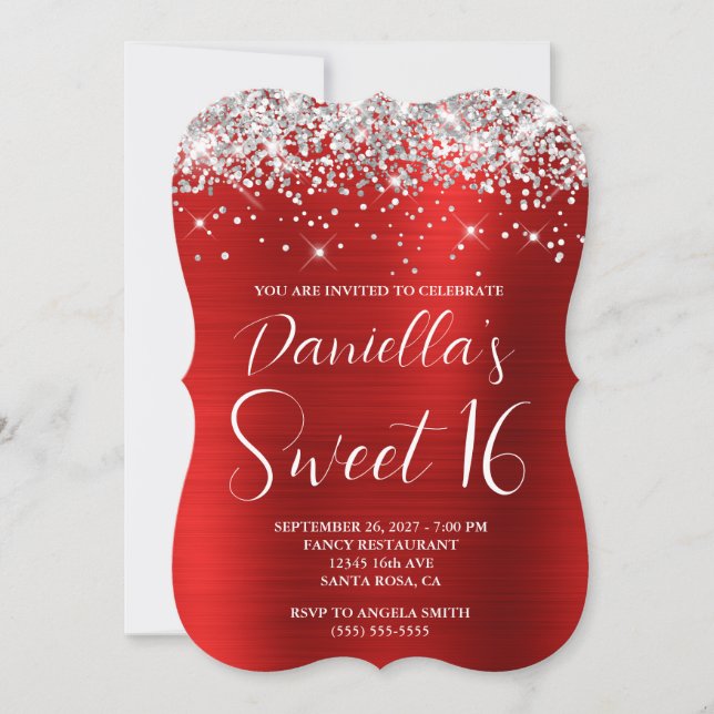 Invitación Dulces 16 Brillo Plateado Rojo Glamour (Anverso)