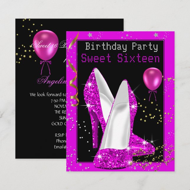 Invitación Dulces 16 Brillo Rosa Fucsia Cumpleaños Fiesta Neg (Anverso / Reverso)