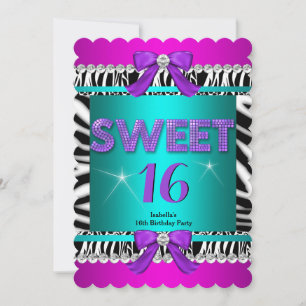 Invitación Dulces 16 Cebra Rosa Turquesa Morado Lazo Divertid