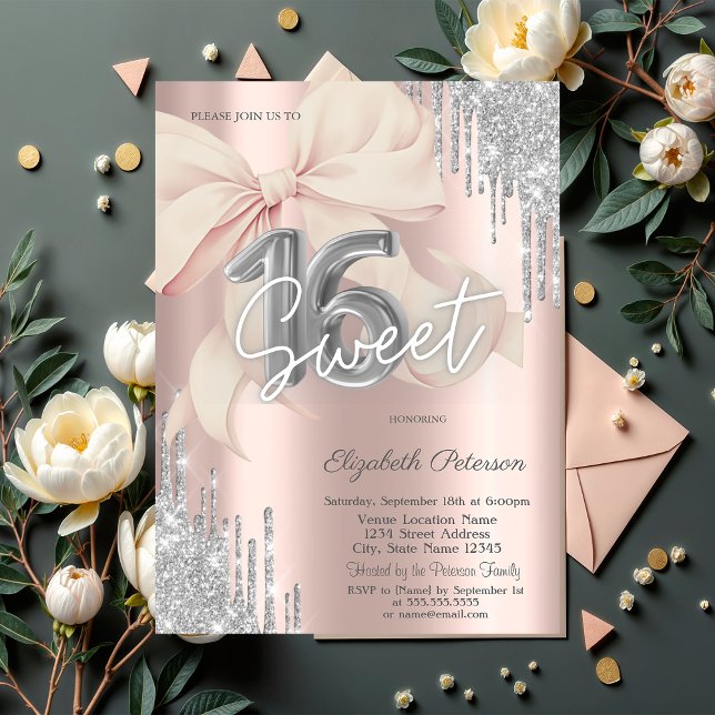 Invitación Dulces 16 con Brillo de Plata Lazos Rosas Fondo Ro (Subido por el creador)
