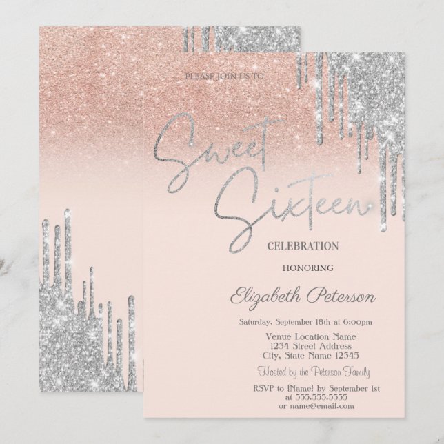Invitación Dulces 16 con Brillo de Plata y Goteo Rosa Rubor (Anverso / Reverso)