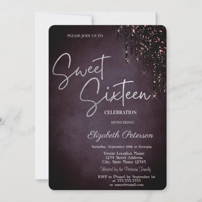 Invitación Dulces 16 con gotas de brillo sencillas de Borgoña (Anverso)