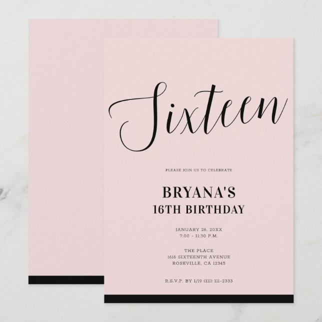 Invitación Dulces 16 con guion minimal moderno rosa y negro (Anverso / Reverso)
