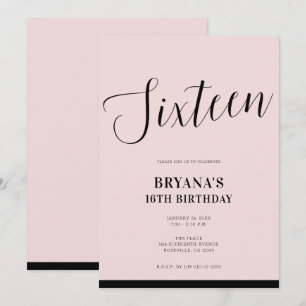 Invitación Dulces 16 con guion minimal moderno rosa y negro